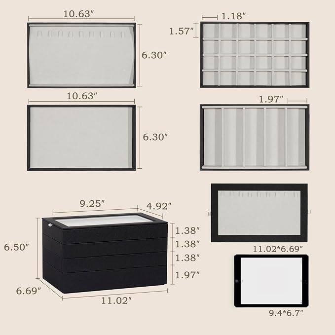4-Layer Stackable Jewelry Organizer Trays with Tempered Glass Lid, Black PU Leather Jewelry Drawer Inserts Display Case, Large Anti-Tarnish Storage Box for Earring Necklace Ring Sunglasses