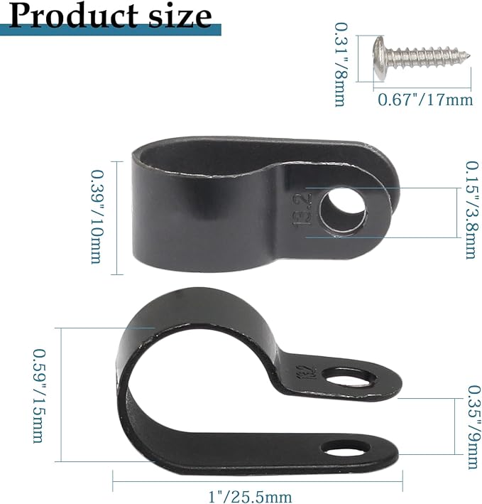50 Pcs 1/2 Inch Black Nylon Cable Clip Wire Clamp | R-type, 13.2mm, Screw Mounting, Stainless Steel Screws Included, Wire Management