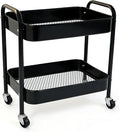 2 Tier Metal Rolling Utility Cart with Wheels Under Desk Storage Cart with Handle, Roll Around Organizer Trolley for Small Space Pantry Bathroom Home Kitchen Office Snack Baby Supplies, Black
