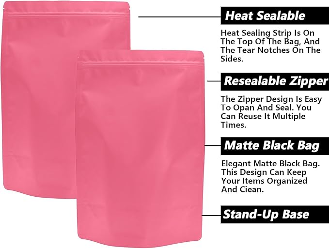 50PCS Smell Proof Resealable Pouch Bags,ULIFESTAR Aluminum Foil Flat Food Storage Bag,Sealable Pcsaging Zipper Pouches with Tear Notches for Pcsaging Lipgloss,Jewelry,etc(20*30cm/7.87*11.81",Pink)