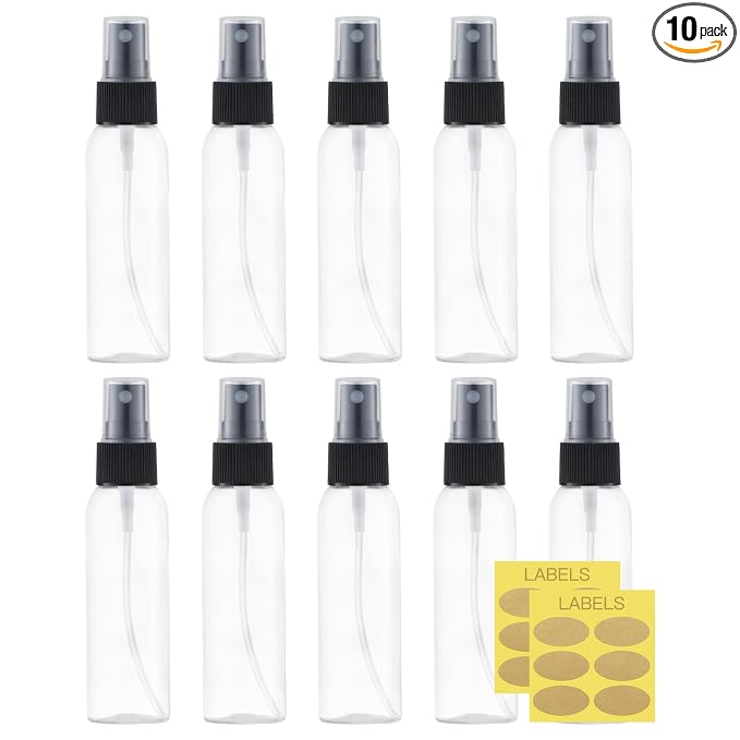 LISAPACK 2oz Small Spray Bottle (10 Pack) Plastic Mini Fine Mist Atomizer, Tiny Sprayer for Travel Perfume, Cologne, Alcohol (Clear, 60ml)