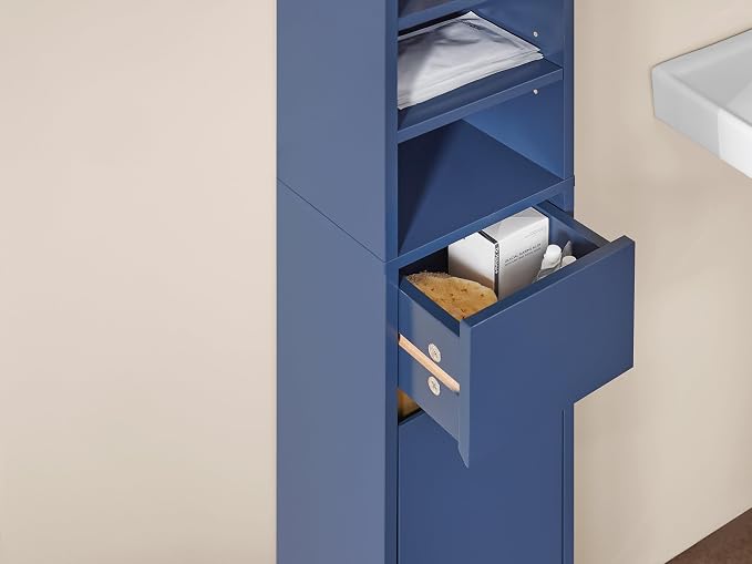 SoBuy Bathroom Narrow Storage Cabinet Skinny Tall Unit with Adjustable Shelves Slender Anti-Tipping Floor Standing Cupboard, Blue BZR34-B