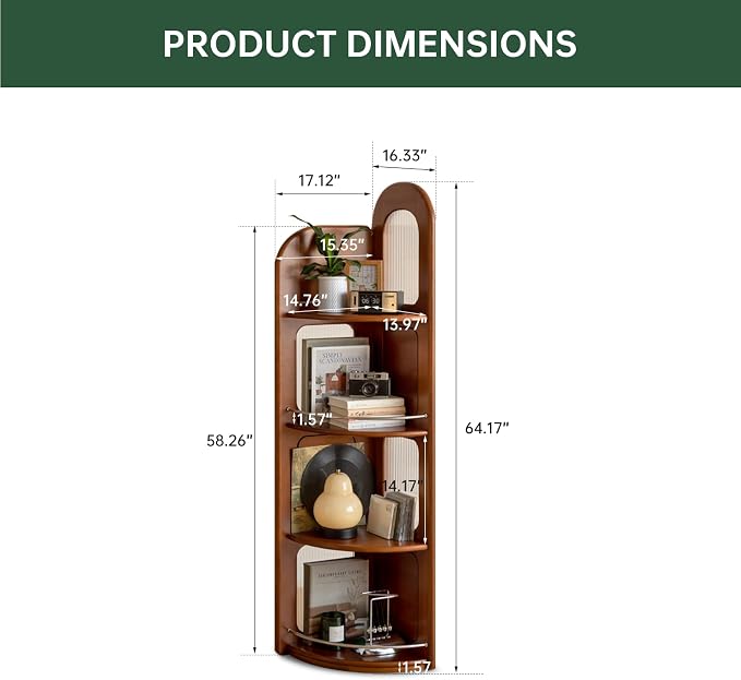 4-Tier 100% Solid Wood Corner Bookshelf, 64” Tall Mid Century Modern Corner Shelf Display, Open Storage Bookcase for Home Offie, Living Room (Poplar Wood)