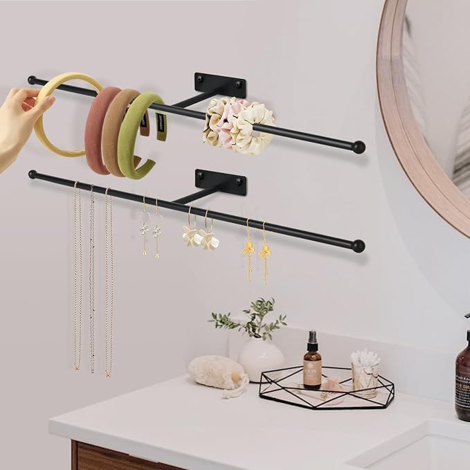2 Pack Wall Jewelry Organizer, 14.5'' Necklace Holder for Hanging Earring, Ring, Bracelet, Hairband, Glasses Storage, Decorative Space-Saving Jewelry Display-Black