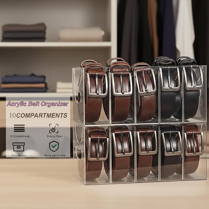 Belt storage Organizer for Closet with Removable Dividers - 5 Compartments & Handles Drawer organization and storage for underwear, Socks, and Bow Ties Acrylic Belt Organizers (1pack)
