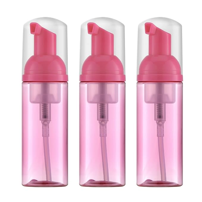 Travel Foam Pump Bottle - 2oz Small Size Foaming Hand Soap Dispenser - Mini Portable Mousse Lash Shampoo Kit Container for Hair - Empty Leak Proof Plastic Rose Red Foamer 3Pack