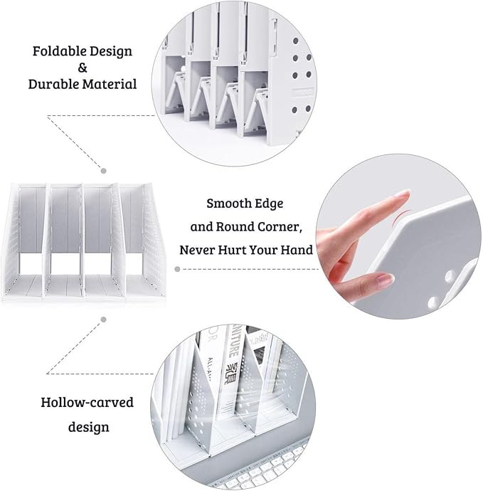 Marte Vanci Collapsible Magazine File Holder with 4 Vertical Compartments, Binder Holder for Desk, Desktop Binder Organizer for Notebook, Documents, Book, School Office Supplies(Light Gray)