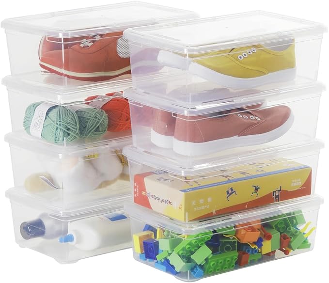 Stackable Plastic Storage Shoebox,Clear Bins (Transparent 8Pack) | BPA-Free, Nestable, Home and Office, Latching Lid, Multi-Purpose