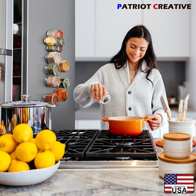 PATRIOT Set of 25 Hexagon Glass Spice Jars with Shaker Lids and Labels for Refrigerator, Kitchen, RV Travel Trailer Magnetic Containers