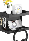 NiHome Bedside Wall Shelf Organizer, Wood 2-Tier Floating Nightstand, Black | Dual Mount Adhesive Or Screw, 4 DIY Hooks, Cell Phone Glasses Holder, College Dorm Room Essentials