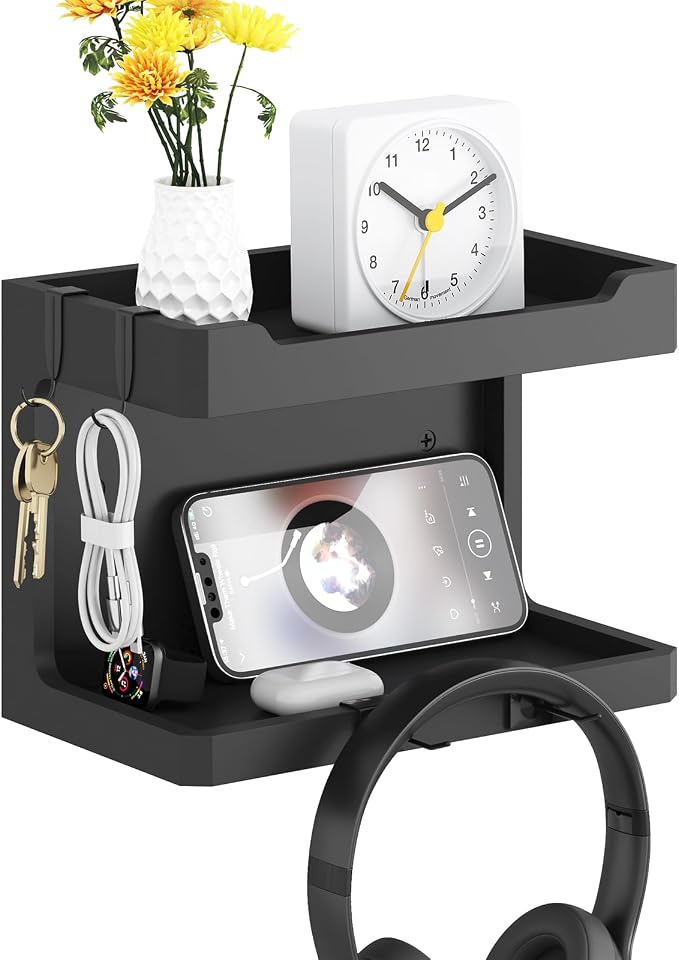 NiHome Bedside Wall Shelf Organizer, Wood 2-Tier Floating Nightstand, Black | Dual Mount Adhesive Or Screw, 4 DIY Hooks, Cell Phone Glasses Holder, College Dorm Room Essentials
