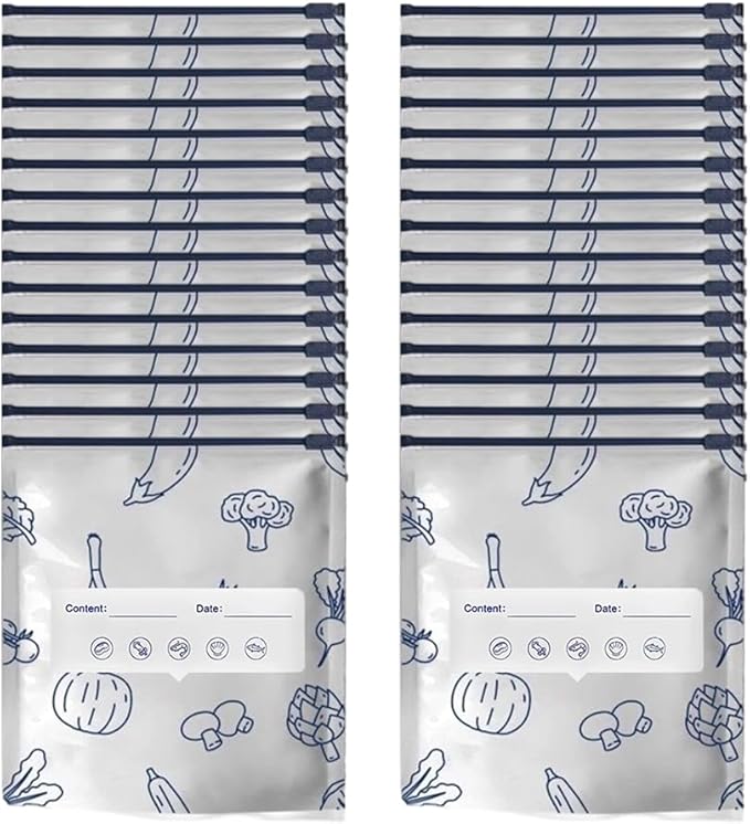 Reusable Aluminum Foil Sealable Storage Bags, Vacuum Zipper Pouches with Label and Stand Up Bottom Design, Leakproof Durable Food Storage Bags for Vegetables Fruits Meat (30, Medium)