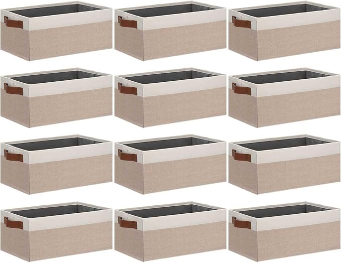 GhvyenntteS Small Fabric Storage Bins 12 Pack, 11.8" x 7.87" x 5.11" Storage Basket with Leather Handles, Closet Storage Bins for Shelves, Storage Baskets for Shelves, DVD Storage (Pink/White)