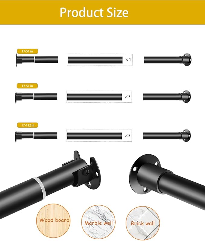 Closet Rods for Hanging Clothes,17 to 84'' Stepless Adjustable Black Closet Rod,1 Inches Heavy Duty Metal Clothes Hanging Rod for Closet Wardrobes Laundry RV