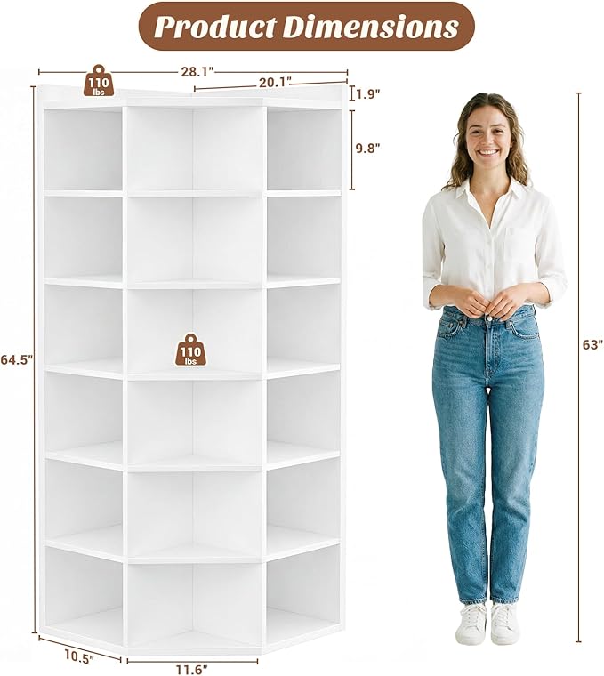 Aheaplus Corner Cube Book Shelf, 7-Tier Corner Storage Cabinet with Top Table, Corner Cube Storage Shelf for Small Space, Wooden L Shaped Cubby Bookcase for Home Office, Bedroom, Living Room, White