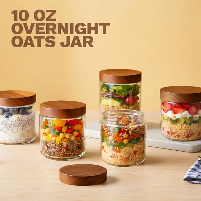 Bumobum 10 oz Glass Jars with Lids, Small Yogurt Containers, 12 Pack | Acacia wood airtight tops with wide openings; ideal for chia pudding, loose tea, coffee, spice, meal prep, salad and snack