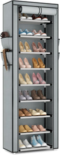 VILICK Shoe Rack with Cover Narrow Shoe Rack Organizer with 4 Side Pockets 10 Tier Tall Shoe Storage Shoe Shelf Holds 18-22 Pairs Shoes and Boots Shoe Rack for Closet, Grey