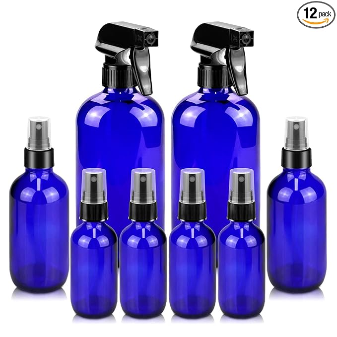 Worldgsb Glass Spray Bottles, 16oz*2+4oz*2+2oz*4 Refillable Containers, Empty Boston Round Bottles with Adjustable Nozzle for Cleaning, Gardening, Aromatherapy, Pets, Plant, Hair - Blue