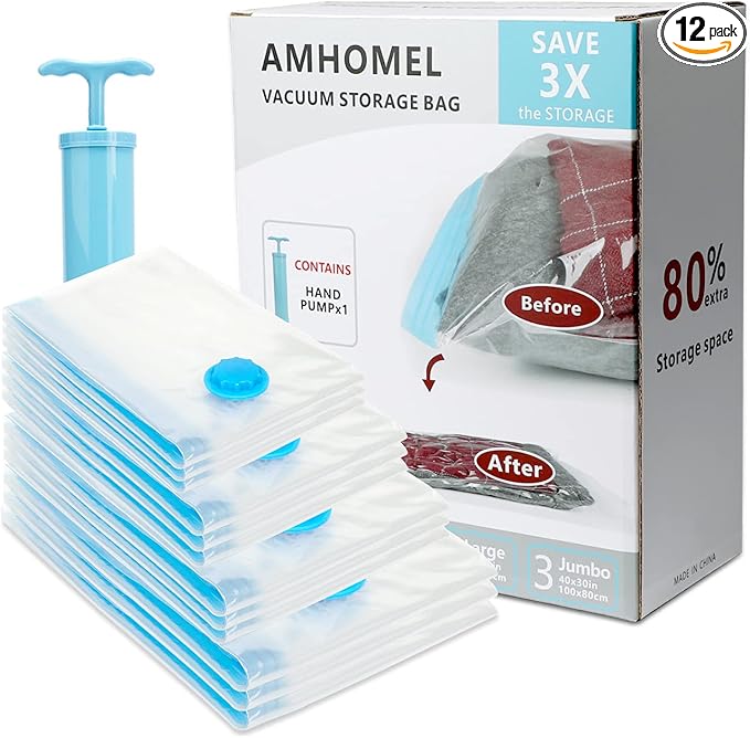 amhomel Vacuum Storage Bag (3 Jumbo, 3 Large, 3 Medium, 3 Small) Ziplock Space Saver Sealer Bags, Air Tight Compression Organizers for Pillows Clothes Blankets Comforters with Hand Pump - 12 Combo
