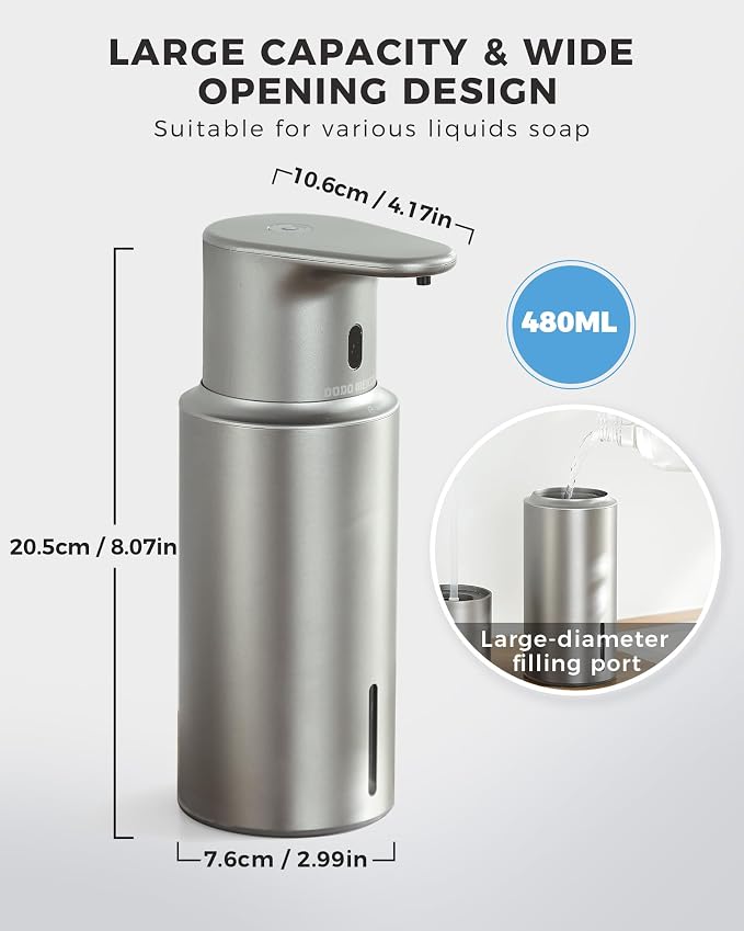 Automatic Foaming Soap Dispenser Touchless, 304 Stainless Steel Bottle Body | 16.2oz/480ml Rechargeable, 3 Adjustable Liquid Levels, IPX7 Waterproof, for Kitchen Bathroom, Stainless Steel