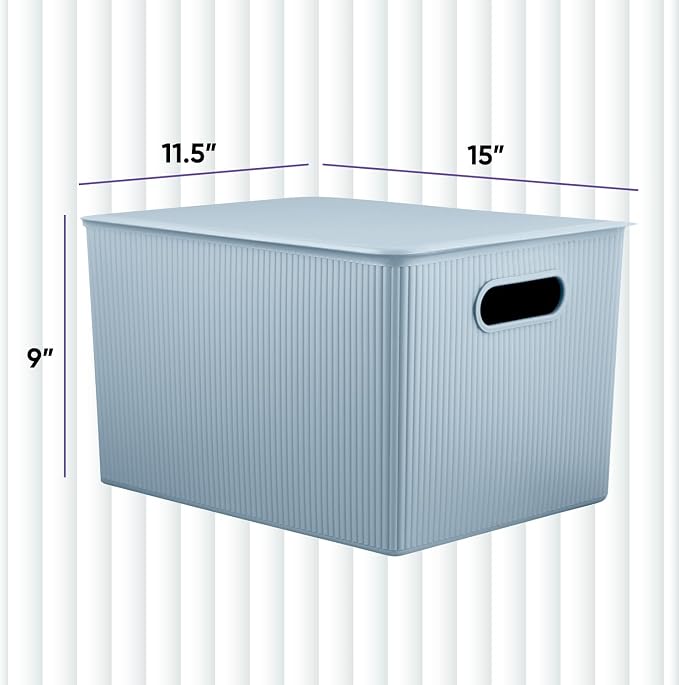 Decorative Plastic Basket Lidded Home Storage Bins Organizer Baskets, X-Large Blue (1 Pack - 22 Liter) Stackable Container Box, for Organizing Closet Storage Bins for Shelves - Ribbed Collection