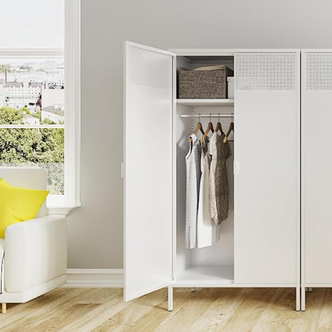Washsemba Metal Storage Cabinets Locker with Hanging Rod and Adjustable Shelves, 71'' Clothing Steel Storage Wardrobe for Home & Office, School, Employee,Gym(White, 71''H-Wardrobe)