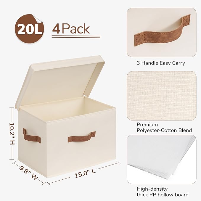 CHICVITA 4-Pack Closet Storage Organizer, Small Storage Bins with Lids, Closet Bins with Handles for Underbed, Ivory