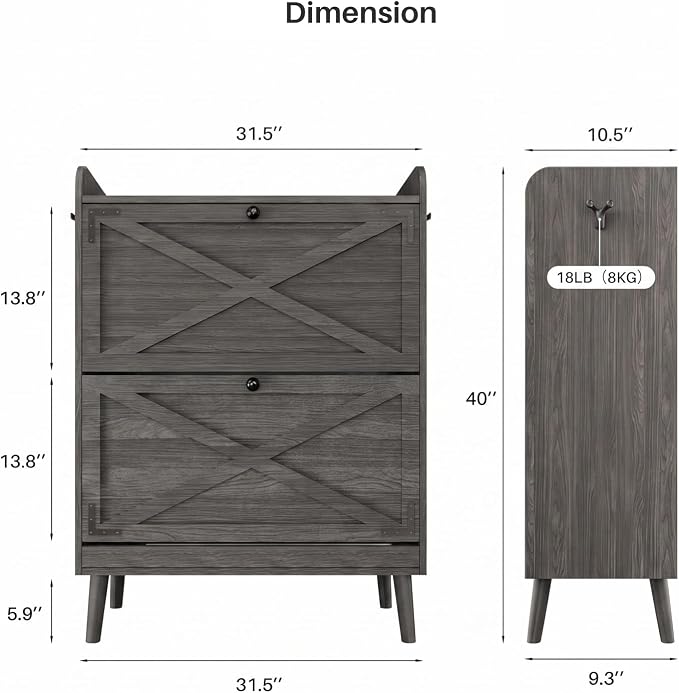 YZ HOME Shoe Storage Cabinet with 2 Flip Drawers, Entryway Shoe Cabinet with 2 Metal Hooks & Adjustable Shelves Freestanding Shoe Organizer Narrow Shoe Rack for Entrance Hallway Foyer Front Door
