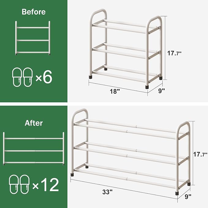 kiplant White Shoe Rack for Closet, 3-Tier Expandable Shoe Organizer for Closet, Metal Adjustable Black Shoe Shelf Storage Organizer, Free Standing Shoe Rack for Entryway Doorway