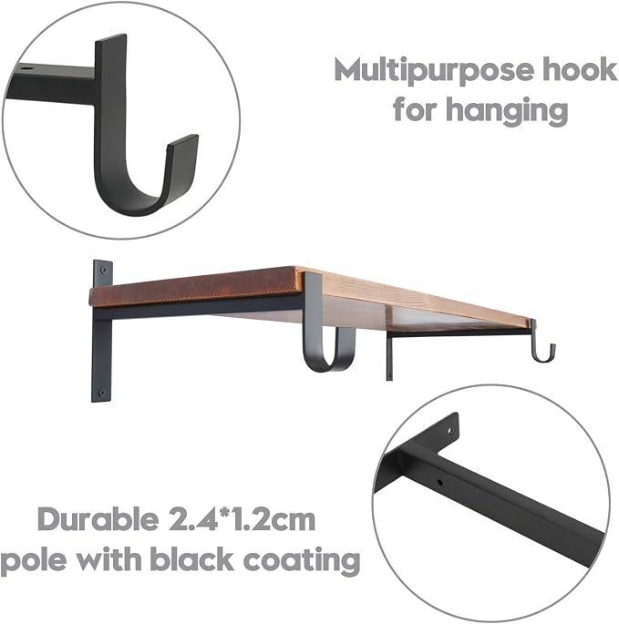 AddGrace Closet Rod Bracket Heavy Duty Shelf Brackets Black 12 Inch 2 Pack | Fit for Closet Wardrobe Laundry Room and Kitchen, with Hook, Store Above and Hang Below, Supports 66 lbs, Easy to Install