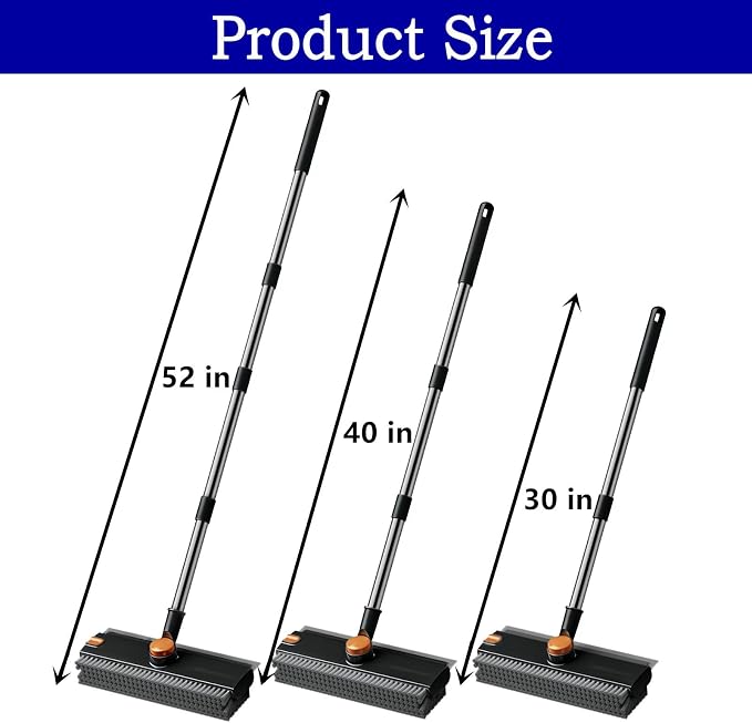 4 in 1 Floor Scrub Brush with Squeegee Long Handle Grout Brush 52'' 2026 Upgraded Multi-Functional Stiff Bristle Cleaning Scrub Brush Rotating Tile Brush for Cleaning Bathroom Patio, Pool, Garage