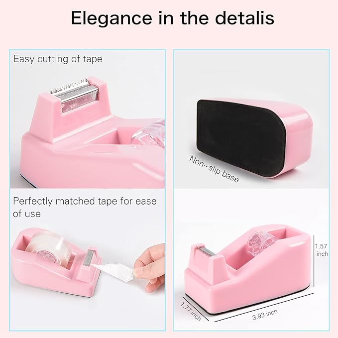 ChezMax Pink Desk Accessory Kit Includes Stapler with Staples Staple Remover Tape Dispenser Transparent Tape Scissors Push Pins Paper Clips Binder Clips Single Hole Punch Telescopic Knife Tape Measure