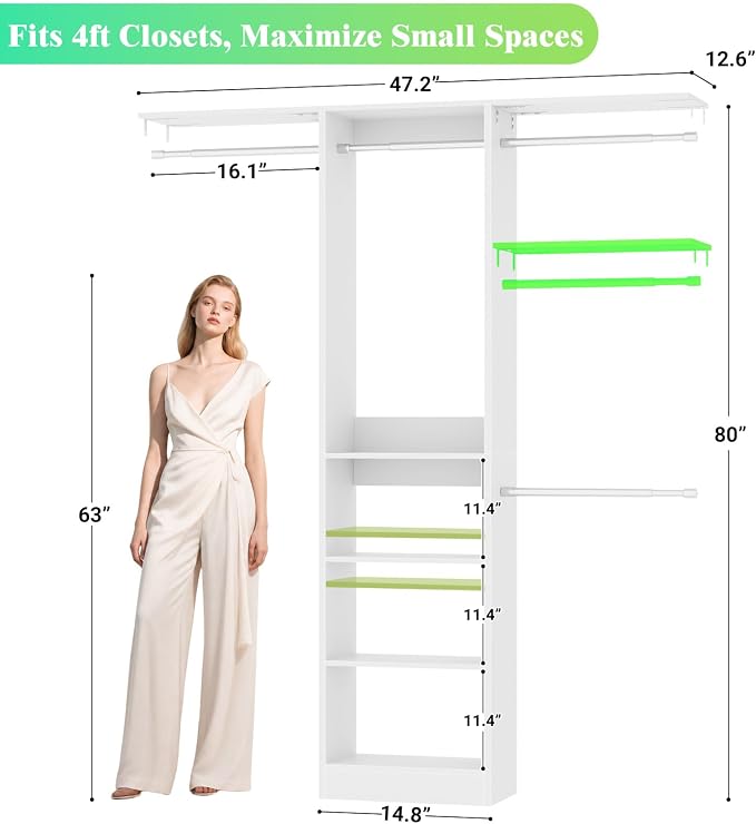 Besiost 48" Closet Organizer System, 4FT Closet System for Small Closets with 4 Hanging Rods & 3 Shelves, 80"H Small Closet Organizers and Storage for Bedrooms, Cloakrooms, White
