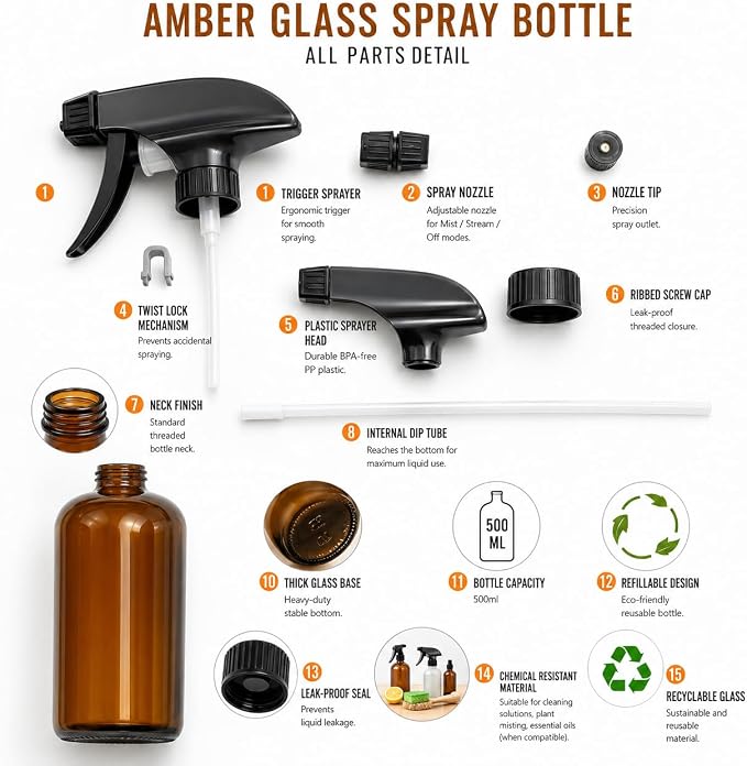 16-Oz (Pack of 1) Glass Spray Bottles | Use To Store For Essential Oils, Perfumes, Face Mist, Fragrances, Water Size, Amber Glass Spray