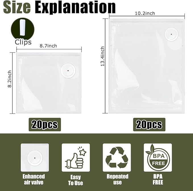 40PCS Reusable vacuum seal bags for food - 20PCS Large (13.4×10.2") And 20PCS Small (8.3×8.7") Compact Vacuum Sealer Bags, Leak-Proof Odor-Resistant for Refrigerator Outdoor Travel Food Storage