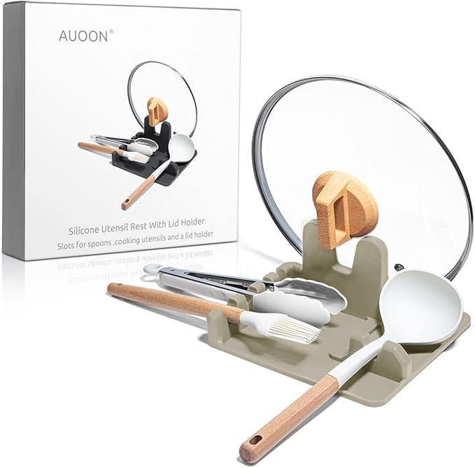 Auoon Silicone Spoon Rest with Lid Holder, 3-in-1 Kitchen Utensil Rest for Soup Ladles, Pot Lids, Spatulas, Spoons, Tongs, BPA Free & Dishwasher Safe, 8.26 x 8.06 Inch (Milk Shake, Large)
