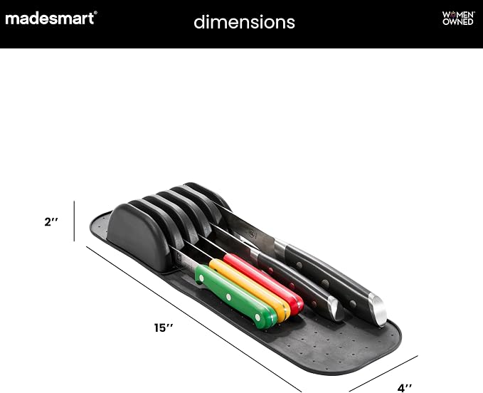 madesmart Premium Knife Mat, Soft-Grip Slot Organizer for 5 Knives, Non-Slip Drawer Insert Protects Blades and Drawers, Space-Saving Kitchen Knife Storage, Black