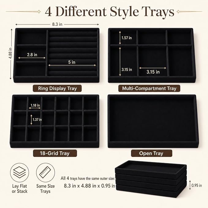 4 Pack Stackable Jewelry Organizer Tray Set - Velvet Display Case | for Rings Earrings Necklaces, for Drawer Organization, Can Stacked