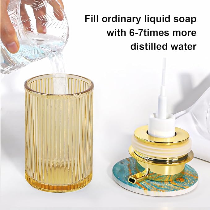 Foaming Soap Dispenser, 12 Oz Amber Glass Foam Hand Soap Dispenser, Refillable Lotion Soap Dispenser with Removable Pump for Kitchen Hand Wash Dispenser, Modern Slim Ribbed Bottle for Decor