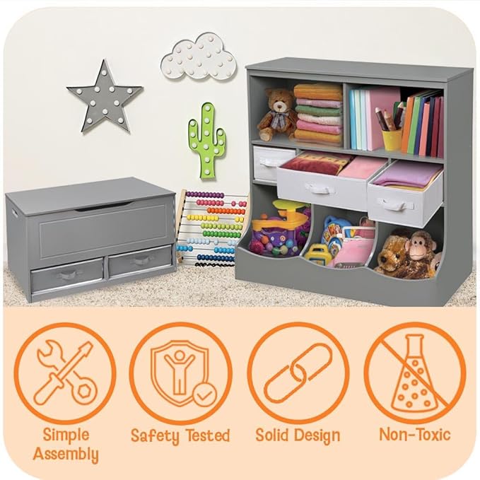 Badger Basket Upright Storage Nook with Reversible Basket - Melamine Surface, 2 Shelves & 1 Angled Bin, Customizable Storage Solution for Kids - Woodgrain Gray