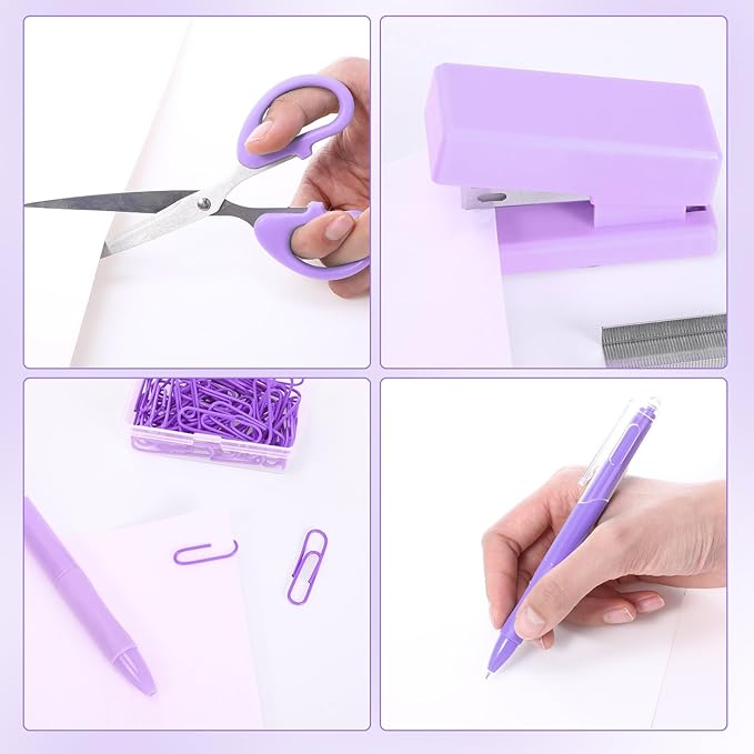 Mini Purple Office Supplies Kit Purple School Supplies Christmas Gift Desk Accessories with Gel Pens Sticky Notes Stapler Scissor Paper Clips Index Tabs Box Cutter for Christmas Gifts Office