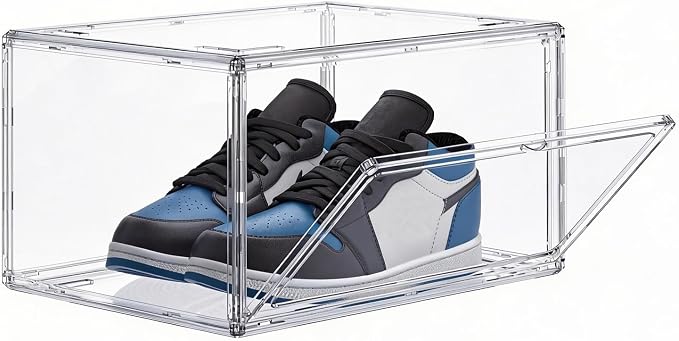 HIYOHIYO Clear Shoe Storage Box with Large Capacity Fits US Size 14, 1-Pack | Stackable, With Magnetic Door, Thicken Sturdy, Easy Assembly Transparent Display Case, For Sneaker, Ankle Boots, High Heels