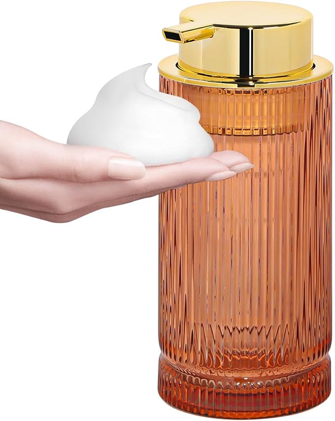 Foaming Soap Dispenser, Glass Foam Hand Soap Dispenser with Pump, 14 Oz Bathroom Refillable Liquid Lotion Pump Ribbed Bottle Container for Kitchen Countertop Decor (1, Brown Gold)