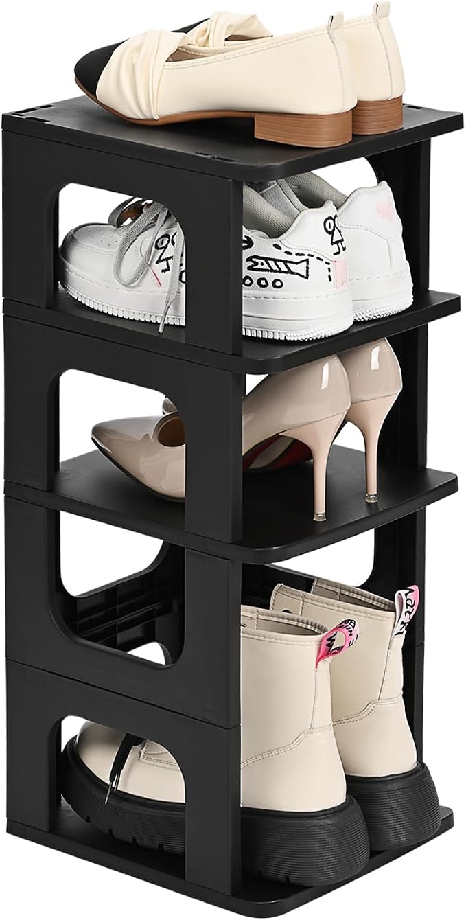 TRZZ 4-Tier Small Shoe Rack, Vertical Narrow Stackable Organizer with Removable Partition, Efficient Shoe Storage for Closet, Entryway, and Small Spaces (Black) | Removable Partition, Vertical Efficient Shoe Storage, for Closet, Entryway, Small Spaces