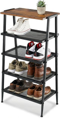 A-Shaped Shoe Rack for Entryway, 5-Tier Shoe Storage Organizer | Wooden Top, Mesh Shelves, Space-Saving Shoe Shelf, Free Standing, 31.97"H, Holds 10 Pairs, for Bedroom, Closet, Rustic Brown