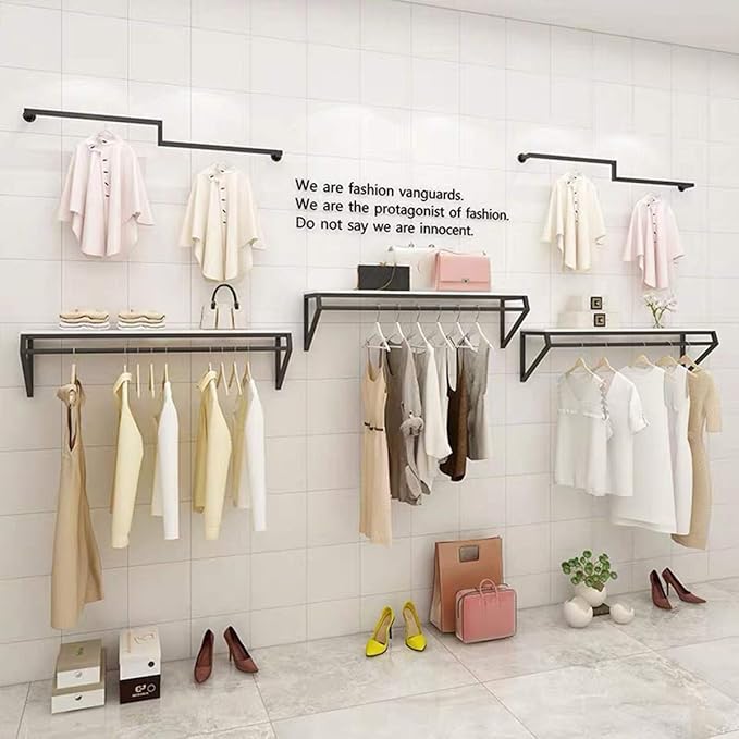 Modern Simple Men's and Women's Clothing Store Heavy Duty Metal Display Stand,Wall-Mounted Garment Rack with Wood,Clothes Rail,Bathroom Hanging Towel Rack (Black Square Tube, B-39 L)