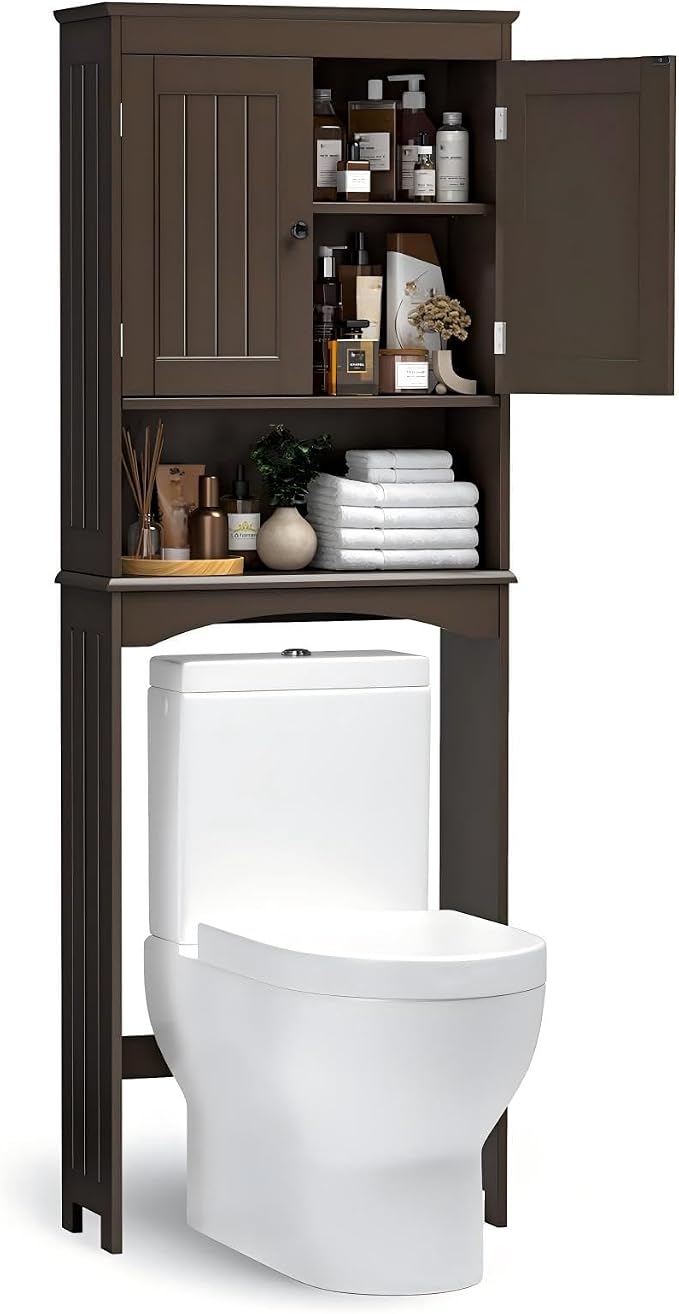 Bealife Over The Toilet Storage Cabinet with Open Shelf - Espresso | Over Toilet Bathroom Organizer with Adjustable Shelf and Double Doors, Space Saver Free Standing Storage Shelf for Bathroom