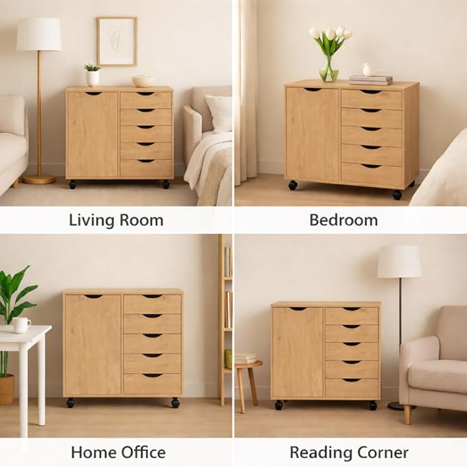 Naomi Home Wooden 5 Drawer Dresser with Cabinet Shelves and Wheels, Drawer Dresser for Bedroom Closet and Dressing Room Storage in Natural