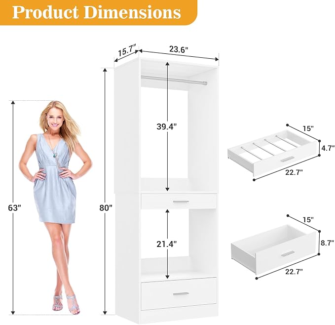 Homieasy Closet System Organizer with Hanging area, Pants Rack & Drawer – Expandable & Sturdy Modular Closet Storage Unit, Customizable Wardrobe Organizer for Bedroom or Walk-In Closet, White