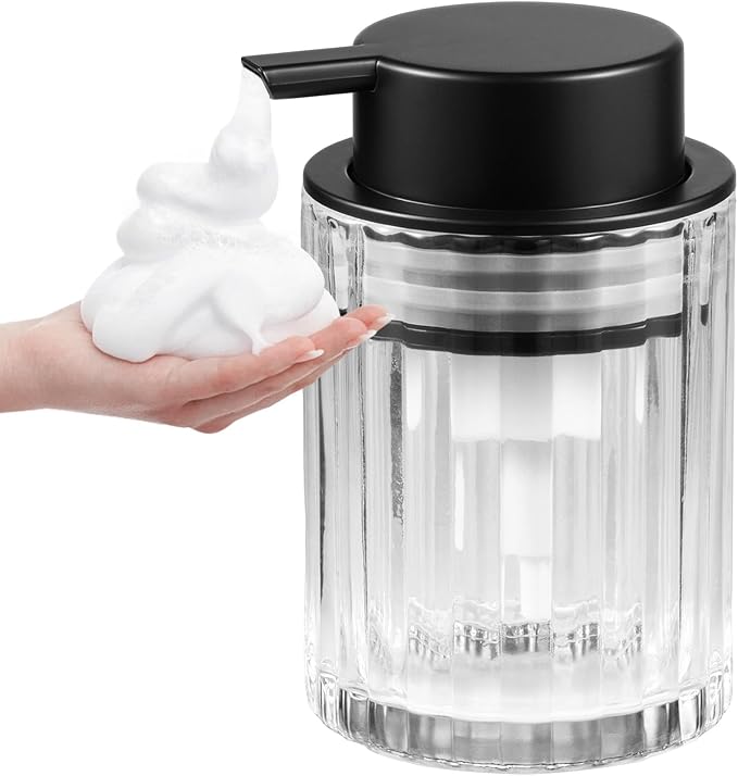 Foaming Hand Soap Dispenser, 8oz Refillable Clear Glass with Black Pump, for Liquid Soap or Lotion, Vertical Ribbed Decor for Bathroom Vanity, Kitchen, Commercial Use - 1 Pack